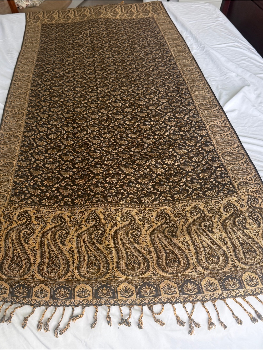 Black & Gold Paisley Fringe Scarf Wrap Shawl 28” x 76” Boho